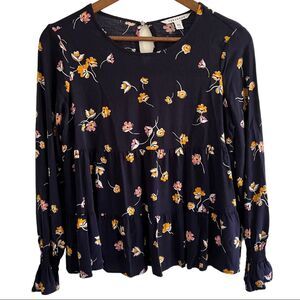 Navy Blue Boho Ruffle Floral Long Sleeve POPSUGAR Babydoll Top XS